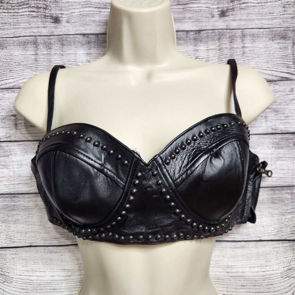 Vintage First Leather Bra Bralette Top Size Medium Black Studded Grunge Emo Y2K